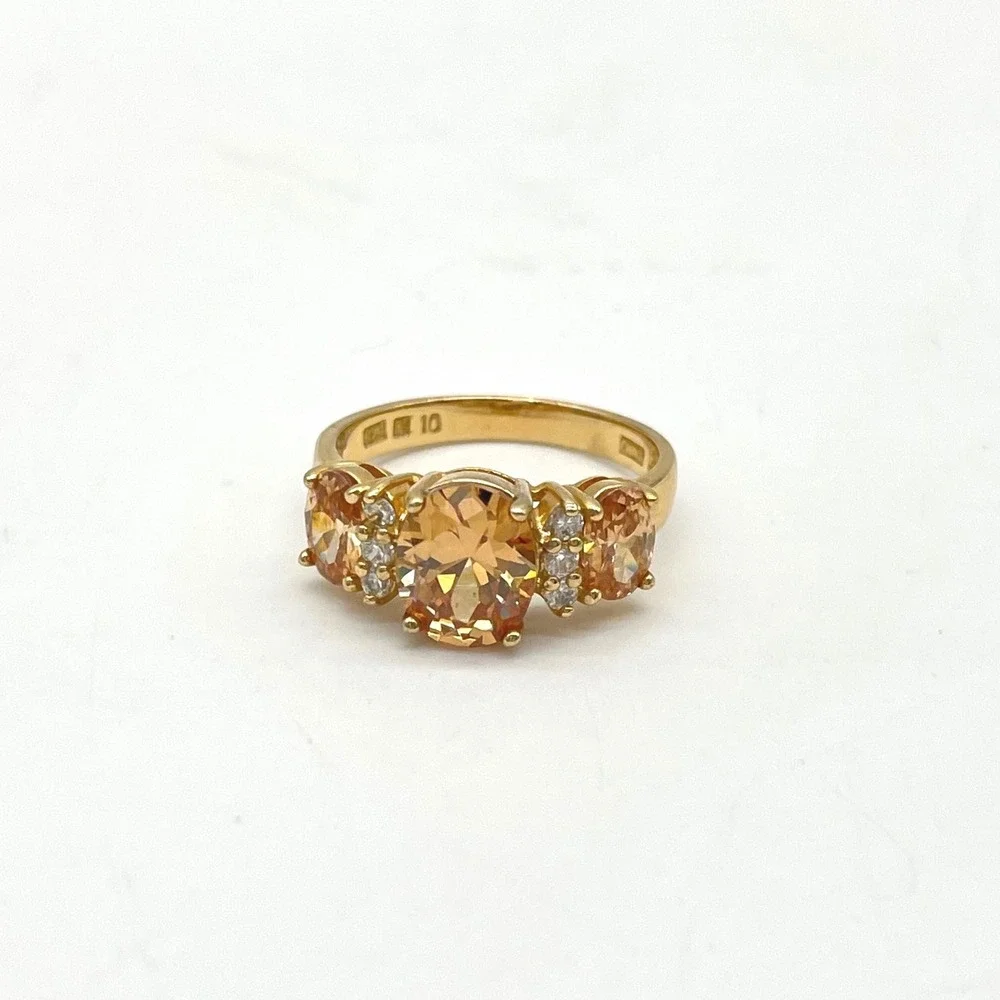 925 Gold Over Sterling Silver Three Stone Champagne Oval Cut Ring Size 10